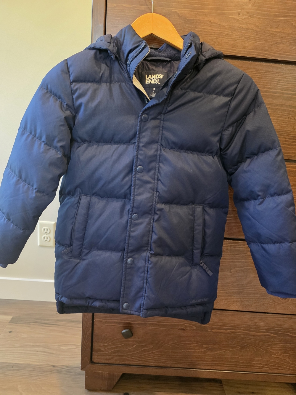 Lands' End Navy Blue Kids Down Puffer Jacket with Hood Size Youth 8